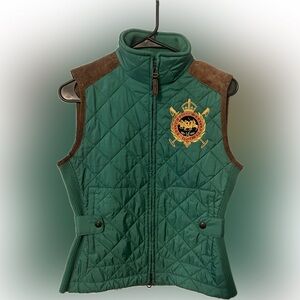 Ralph Lauren Sport Quilted Puffer Equestrian Crest Full Zip Up Green Small Vest